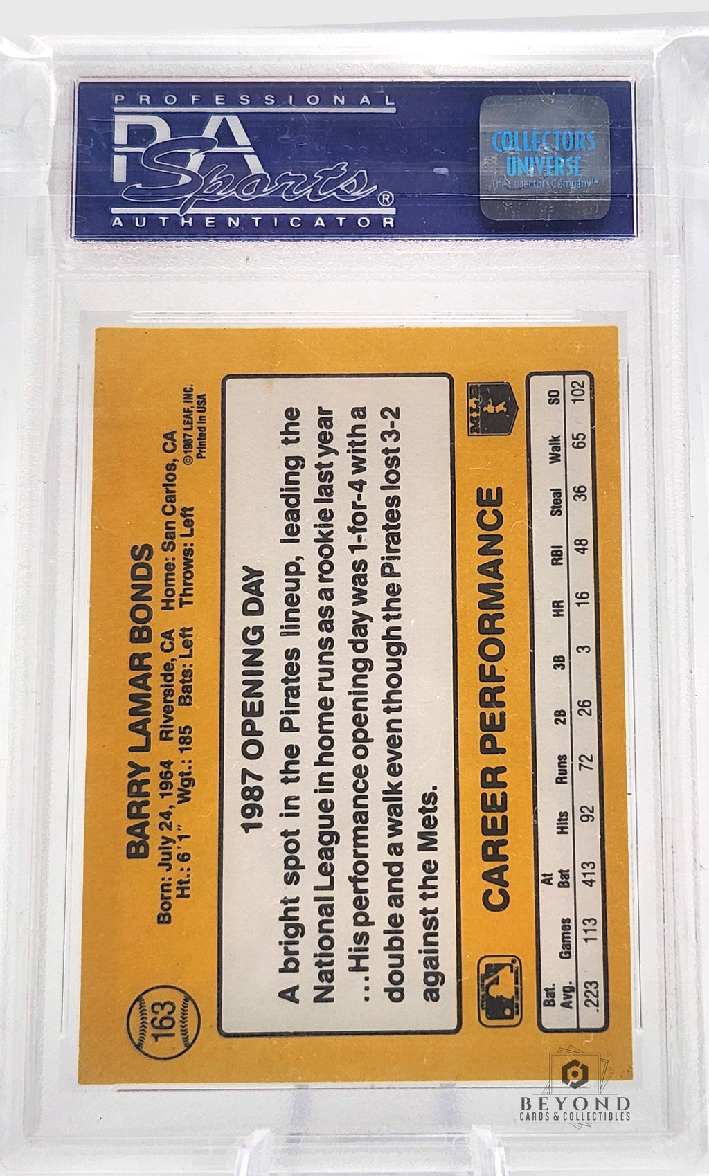 Barry Bonds 1987 Donruss Opening Day #163 (White Jersey, Correct Photo), PSA 9