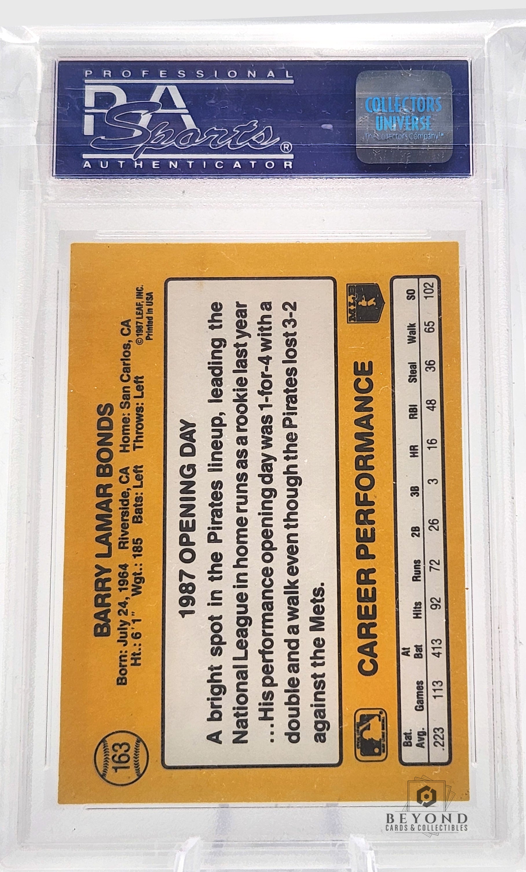 Barry Bonds 1987 Donruss Opening Day #163 (White Jersey, Correct Photo), PSA 9