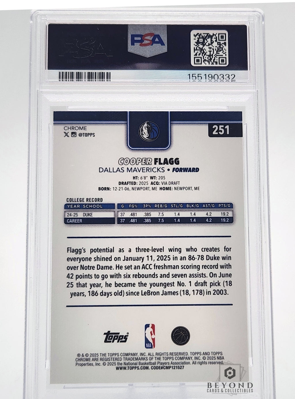 Cooper Flagg 2025 Topps Sapphire #251 Rookie, PSA 9