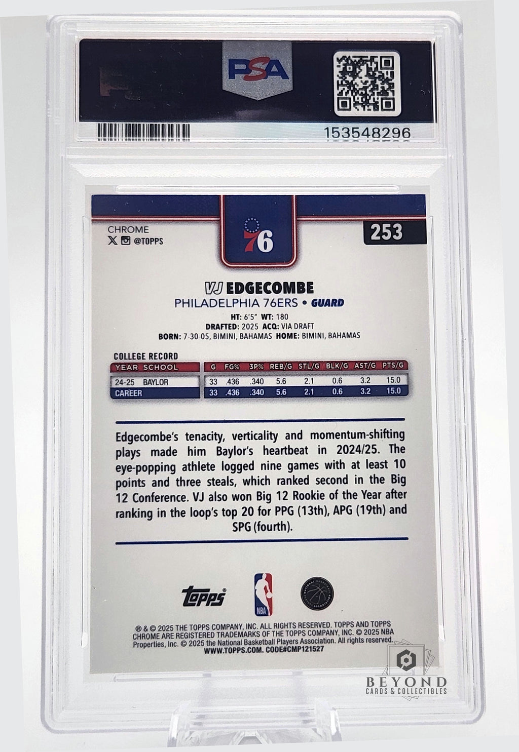 VJ Edgecombe 2025 Topps Chrome #253 X-Fractor Rookie, PSA 10