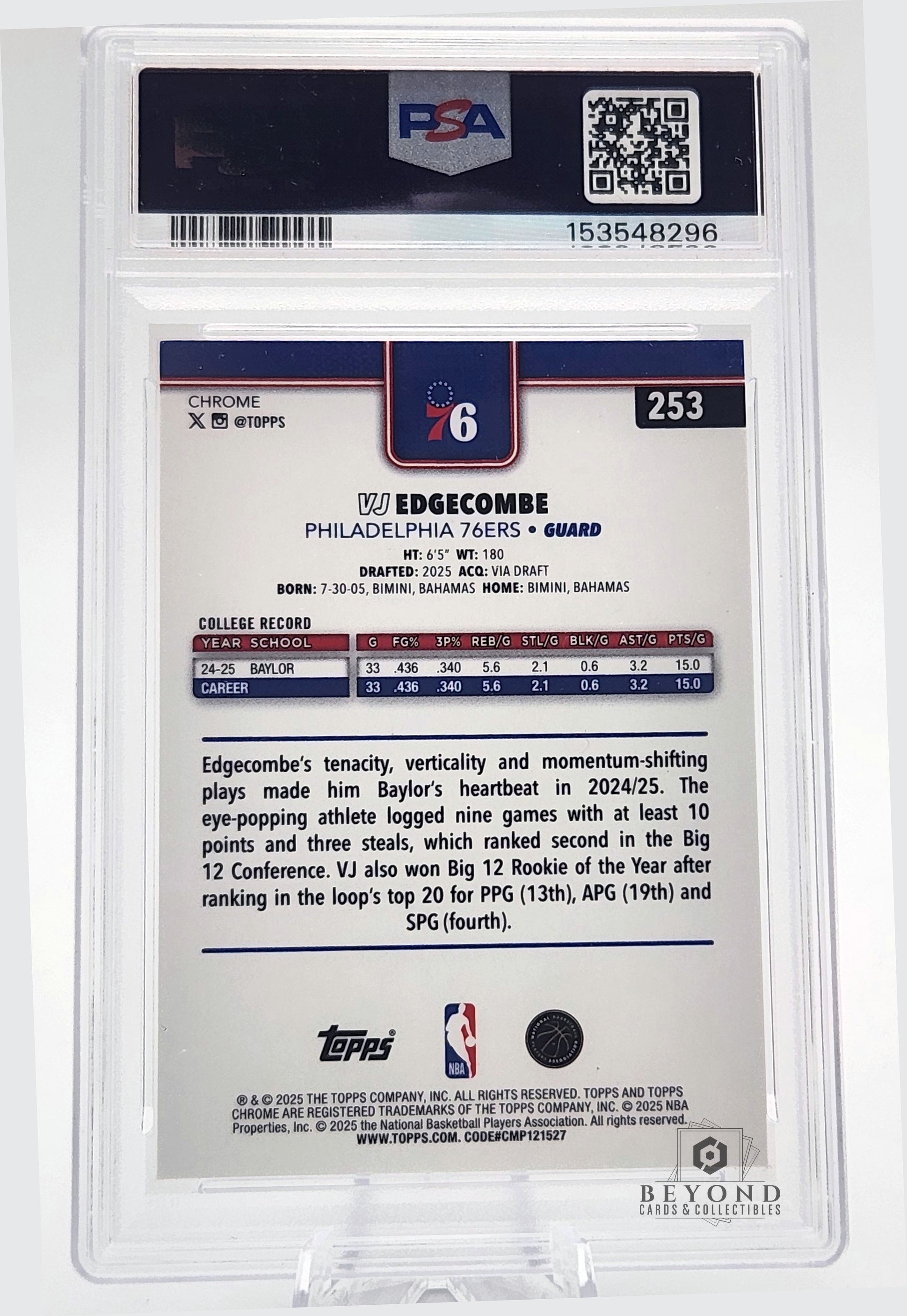 VJ Edgecombe 2025 Topps Chrome #253 X-Fractor Rookie, PSA 10
