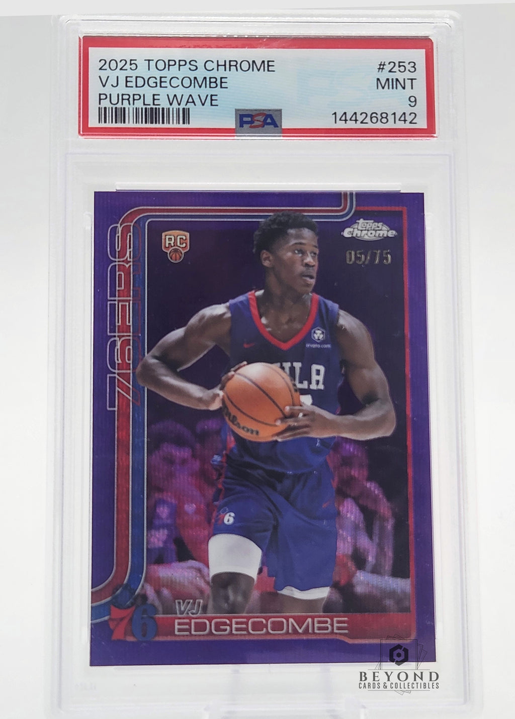 VJ Edgecombe 2025 Topps Chrome #253 Purple Wave 05/75 Rookie, PSA 9