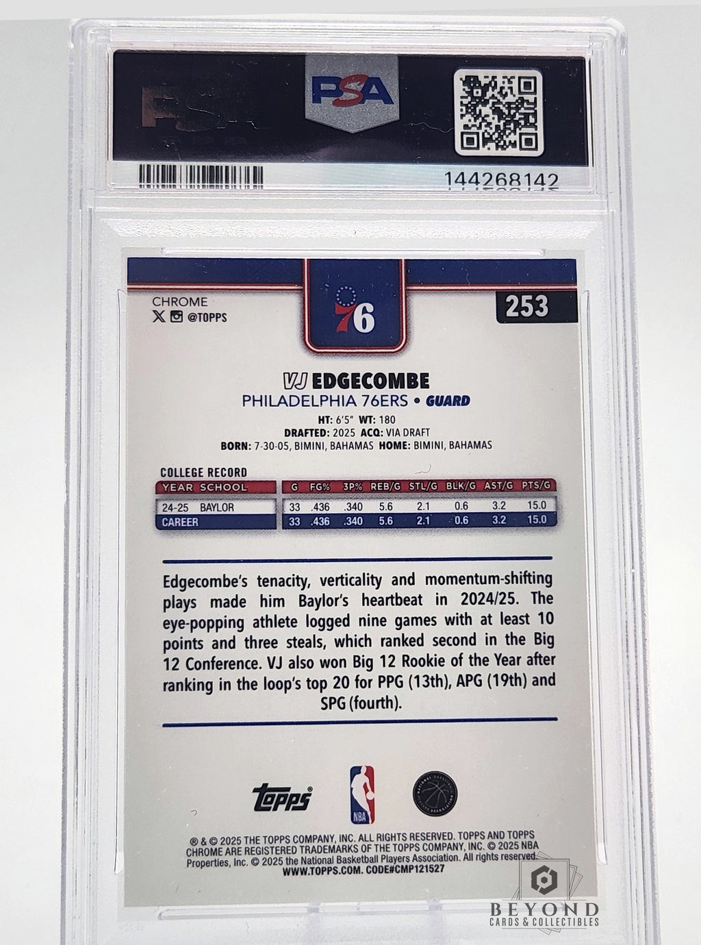 VJ Edgecombe 2025 Topps Chrome #253 Purple Wave 05/75 Rookie, PSA 9